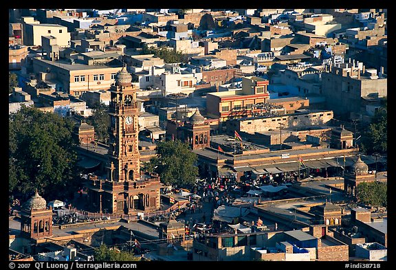 Sardar Market and bell tower seen from above. Jodhpur, Rajasthan, India (color)