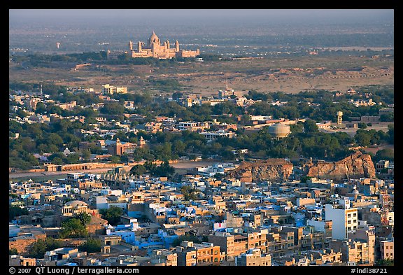 Old town, with Umaid Bhawan Palace in the distance, Mehrangarh Fort. Jodhpur, Rajasthan, India