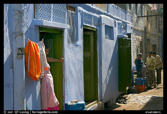 Sunlit street with blue house. Jodhpur, Rajasthan, India (color)