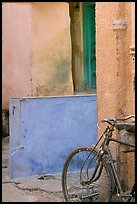 Bicycle and multicolored walls. Jodhpur, Rajasthan, India