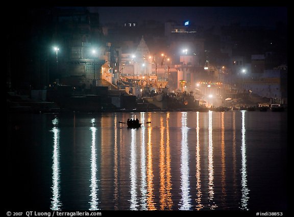 Ganges River at night with Ghat lights  reflected. Varanasi, Uttar Pradesh, India (color)