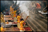 Hindu holy men performing religious arti ceremony. Varanasi, Uttar Pradesh, India ( color)