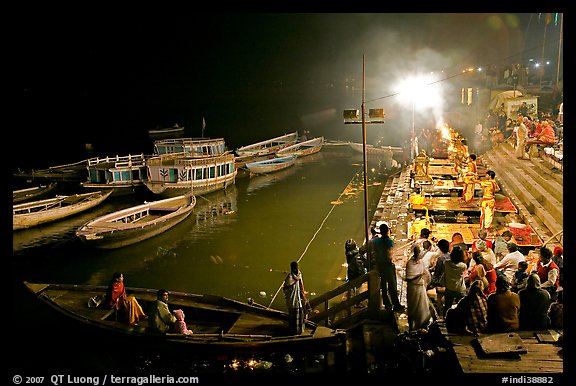 Evening aarti on the banks of the Ganges River. Varanasi, Uttar Pradesh, India