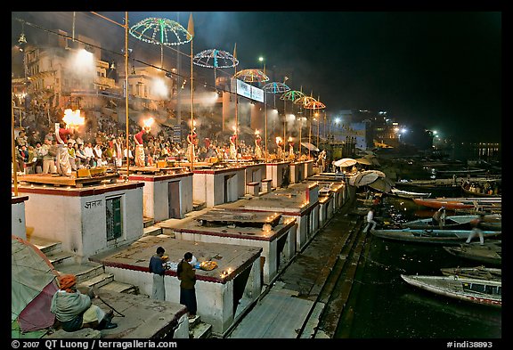 Aarti ceremony on the banks of the Ganga River. Varanasi, Uttar Pradesh, India