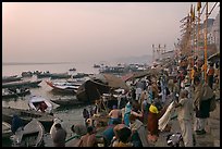 Steps of Dasaswamedh Ghat with crowd at sunrise. Varanasi, Uttar Pradesh, India ( color)