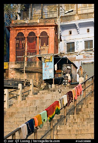 Laundry on hand-rail of ghat steps. Varanasi, Uttar Pradesh, India
