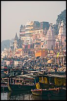 Boats and Dasaswamedh Ghat, sunrise. Varanasi, Uttar Pradesh, India ( color)