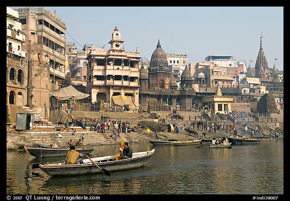Rowboat and Manikarnika Ghat. Varanasi, Uttar Pradesh, India