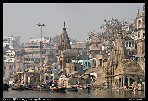 Temples on the banks of Ganges River, Manikarnika Ghat. Varanasi, Uttar Pradesh, India (color)