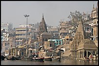 Temples on the banks of Ganges River, Manikarnika Ghat. Varanasi, Uttar Pradesh, India (color)