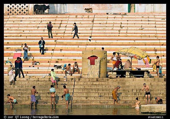 Men finishing their bath below the steps of Scindhia Ghat. Varanasi, Uttar Pradesh, India (color)