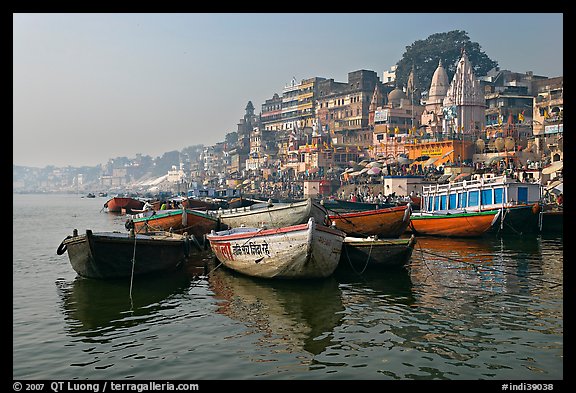 Ganges River, with boats and Dasaswamedh Ghat. Varanasi, Uttar Pradesh, India