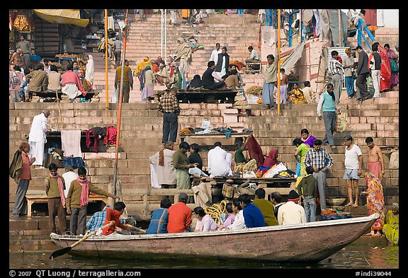 Boat and stone steps, Dasaswamedh Ghat. Varanasi, Uttar Pradesh, India