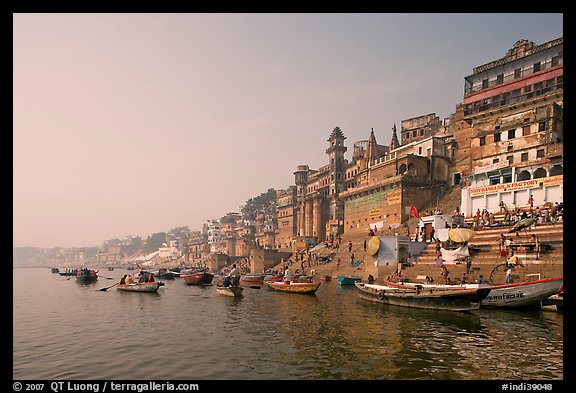 Bathing ghats and Ganga River at sunrise. Varanasi, Uttar Pradesh, India (color)
