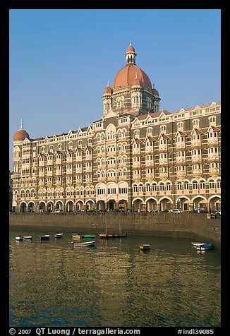 Picture/Photo: Taj Mahal Palace Hotel and small boats in harbor. Mumbai ...