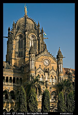 Cathedral-like Chhatrapati Shivaji Terminus main tower. Mumbai, Maharashtra, India