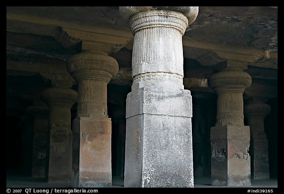Pilars in main cave, Elephanta Island. Mumbai, Maharashtra, India (color)