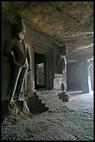 Figures of Dwarpala on Shiva shrine, Elephanta caves. Mumbai, Maharashtra, India