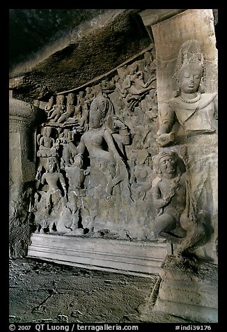 Shiva Shakti rock-carved sculpture, main Elephanta cave. Mumbai, Maharashtra, India (color)