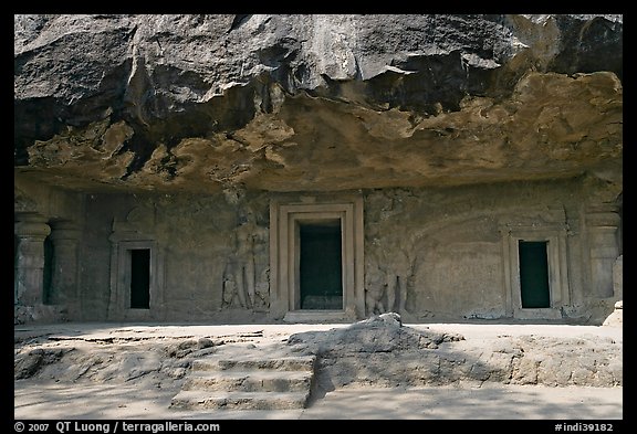 Cave with sculptures and entrances, Elephanta Island. Mumbai, Maharashtra, India (color)
