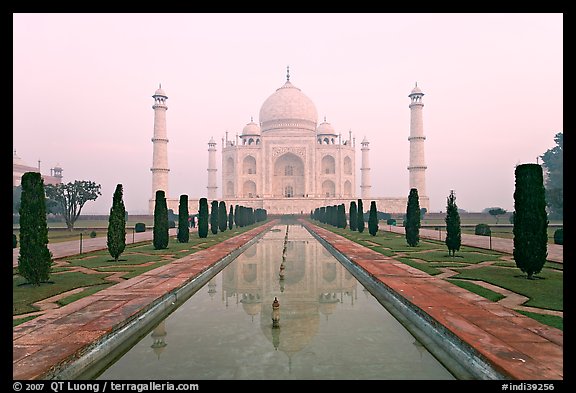 Ornamental gardens and Taj Mahal, sunrise. Agra, Uttar Pradesh, India (color)
