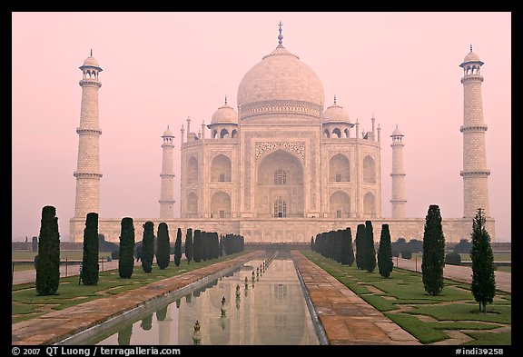 Taj Mahal, charbagh gardens, and watercourse, sunrise. Agra, Uttar Pradesh, India
