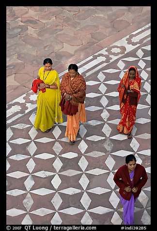Women walking on decorated terrace, Taj Mahal. Agra, Uttar Pradesh, India (color)