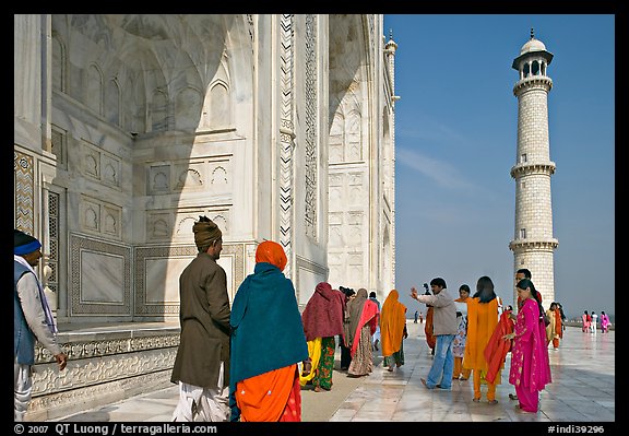 Colorful tourists on the platform, Taj Mahal,. Agra, Uttar Pradesh, India (color)