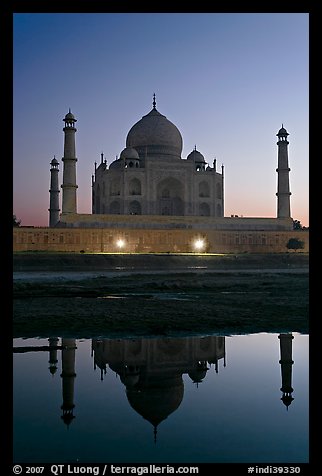 Taj Mahal over Yamuna River at dusk. Agra, Uttar Pradesh, India