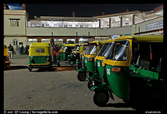 Auto-rickshaws in front of train station. Agra, Uttar Pradesh, India