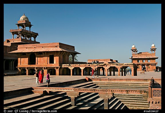 Steps of ornamental pool, Panch Mahal, Diwan-i-Khas, and main courtyard. Fatehpur Sikri, Uttar Pradesh, India (color)