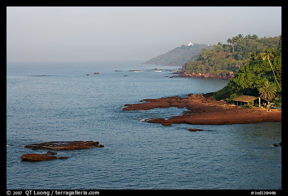 Coastline, palm trees, and clear waters, Dona Paula. Goa, India