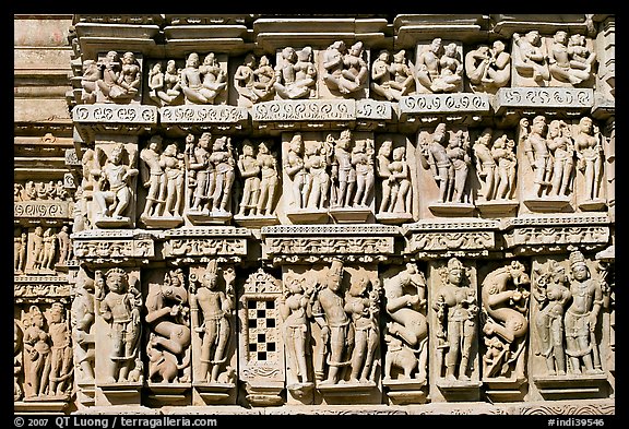 Carvings, Parsvanatha temple, Eastern Group. Khajuraho, Madhya Pradesh, India (color)