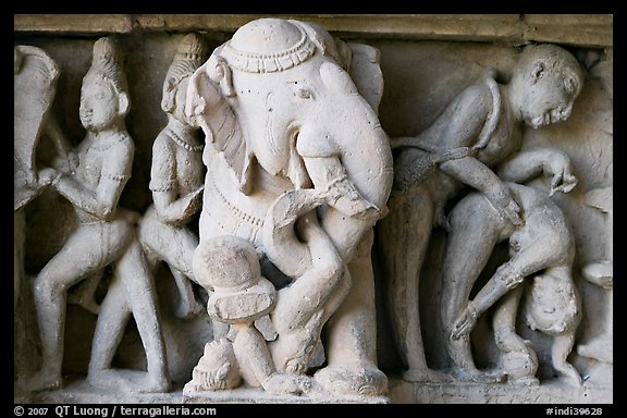 Elephant and Mithuna figures, Lakshmana temple. Khajuraho, Madhya Pradesh, India