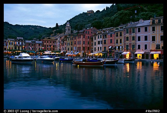 Harbor and hills at dusk, Portofino. Liguria, Italy