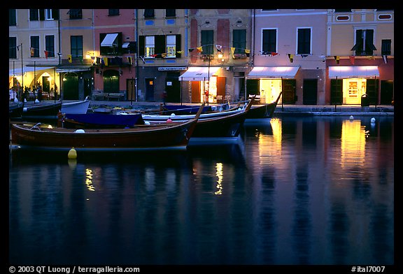 Light of shops reflected in harbor at dusk, Portofino. Liguria, Italy