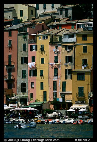 Pastel-colored houses and harbor, Porto Venere. Liguria, Italy (color)