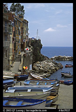 Fishing boats, harbor, and Mediterranean Sea, Riomaggiore. Cinque Terre, Liguria, Italy (color)