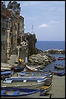 Fishing boats, harbor, and Mediterranean Sea, Riomaggiore. Cinque Terre, Liguria, Italy ( color)