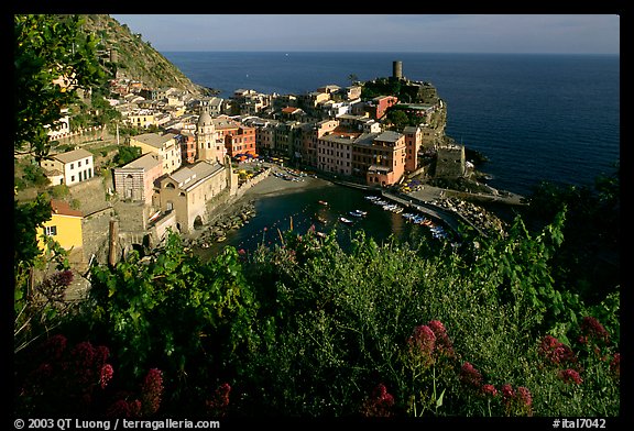 Harbor, church, 11th century castle and village, late afternoon, Vernazza. Cinque Terre, Liguria, Italy