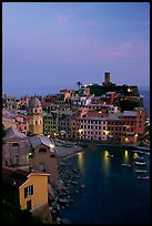 Port and Castello Doria, dusk, Vernazza. Cinque Terre, Liguria, Italy (color)