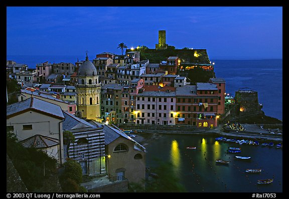 Harbor and Castello Doria, dusk, Vernazza. Cinque Terre, Liguria, Italy (color)