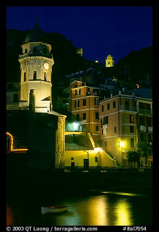 Churches illuminated at night, Vernazza. Cinque Terre, Liguria, Italy (color)