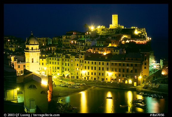 Harbor and Castello Doria at night, Vernazza. Cinque Terre, Liguria, Italy