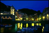 Harbor and seaside Piazza Guglielmo Marconi at night, Vernazza. Cinque Terre, Liguria, Italy