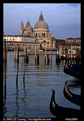 Moored gondolas, Canale della Guidecca, Santa Maria della Salute church at sunrise. Venice, Veneto, Italy (color)