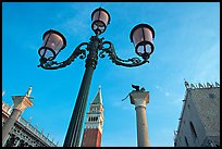 Lamps, Campanile, column with Lion, Piazza San Marco (Square Saint Mark), early morning. Venice, Veneto, Italy ( color)