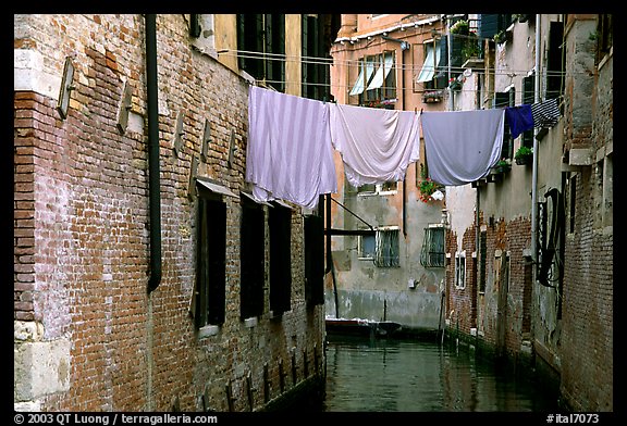 Clothelines and canal in a popular quarter, Castello. Venice, Veneto, Italy (color)