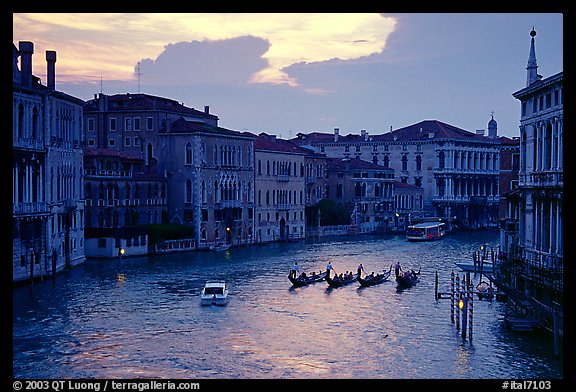 Gondolas, Grand Canal, from the Academy Bridge,  sunset. Venice, Veneto, Italy (color)