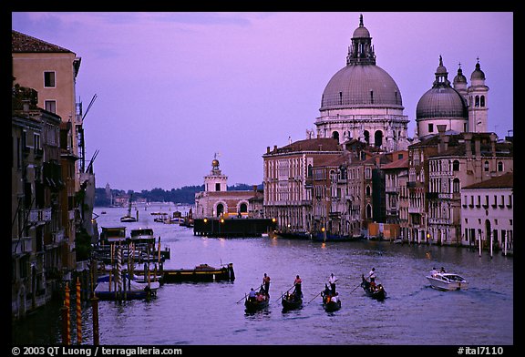 Gondolas, Grand Canal, Santa Maria della Salute church from the Academy Bridge, dusk. Venice, Veneto, Italy
